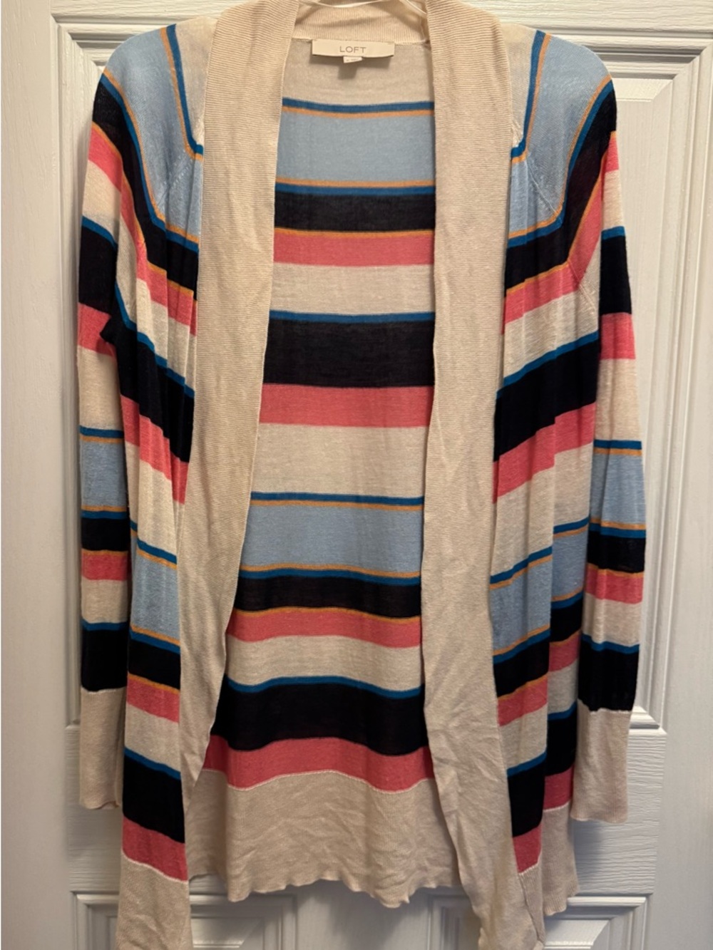 LOFT Cream Open-Front Cardigan with Blue, Pink, Navy & Gold Stripes